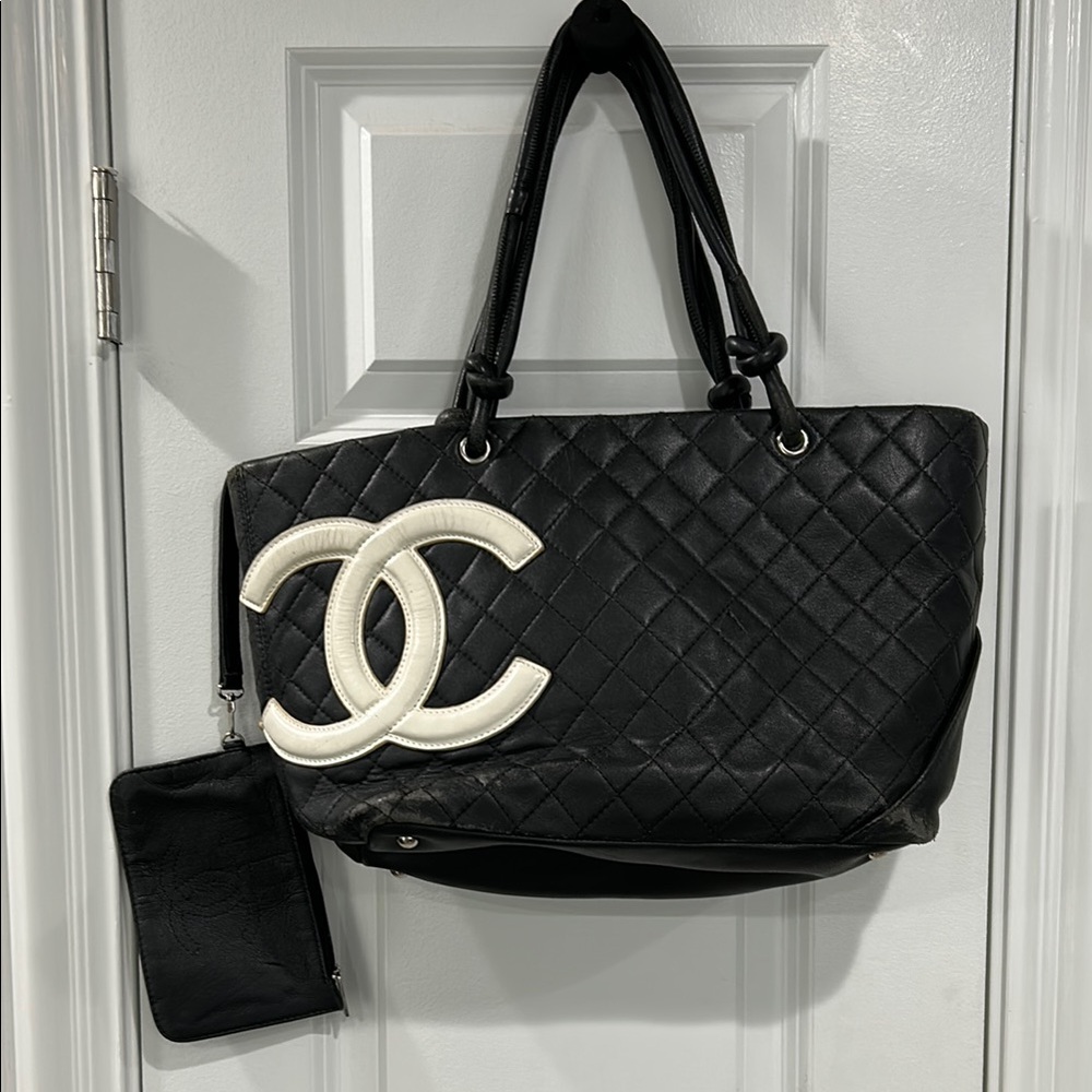 CHANEL Black and White Quilted Tote Bag with Iconic Logo